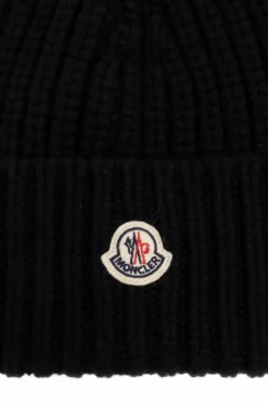Moncler BLACK Wool beanie with logo patch