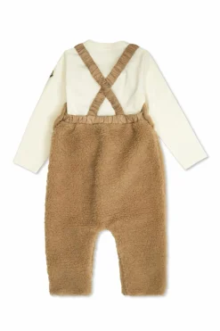 Moncler Enfant beige Set: top and fur suspenders pants