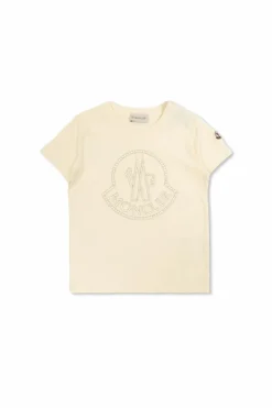 Moncler Enfant cream T-shirt with logo finished with shimmering crystals