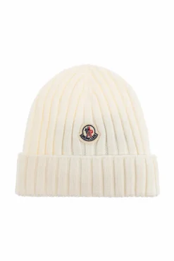 Moncler Enfant cream Wool beanie with logo patch