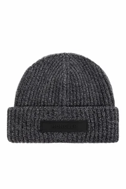 Moncler GREY Wool beanie with logo patch