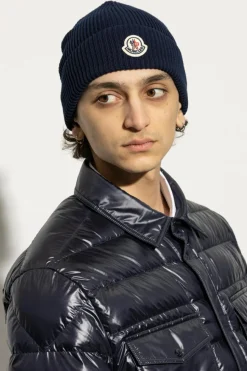 Moncler NAVY BLUE Cotton hat with logo patch