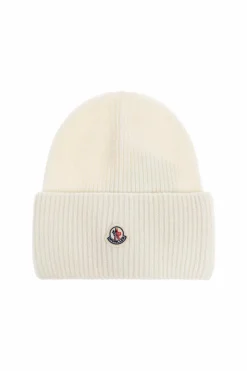 Moncler WHITE Wool beanie with logo patch