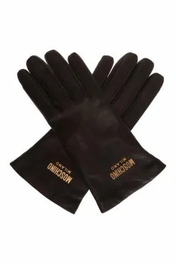 Moschino BLACK Leather gloves with logo