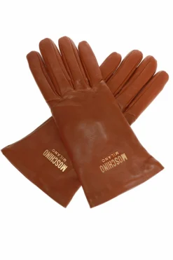 Moschino BROWN Leather gloves with logo