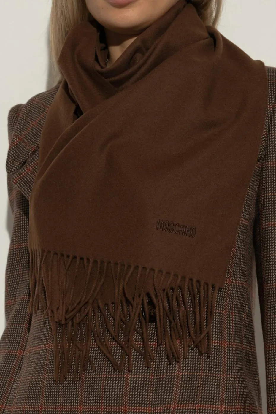 Moschino BROWN Wool scarf with embroidered logo