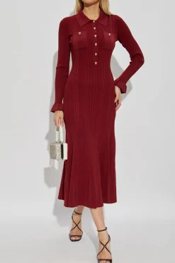 Self-Portrait BURGUNDY Ribbed dress with pockets