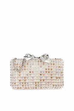 Self-Portrait cream Clutch with shimmering crystals