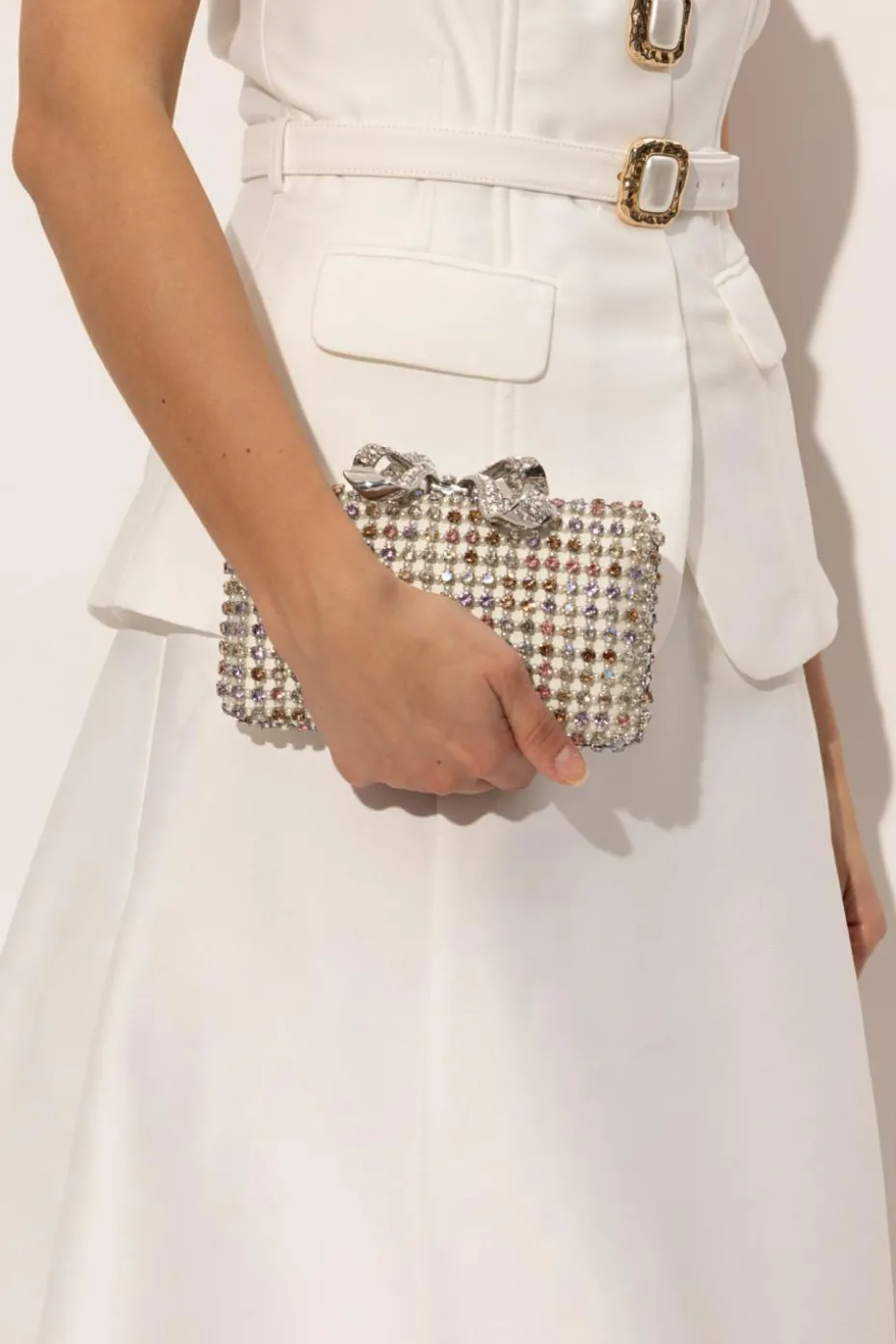 Self-Portrait cream Clutch with shimmering crystals