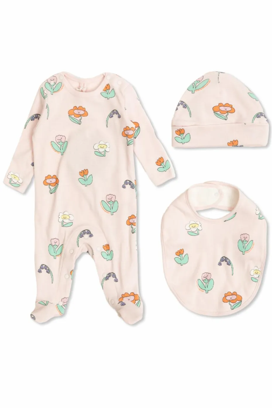 Stella McCartney Kids PINK Set: baby romper, bib, and hat