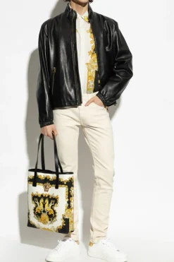 Versace BLACK Leather jacket with stand-up collar