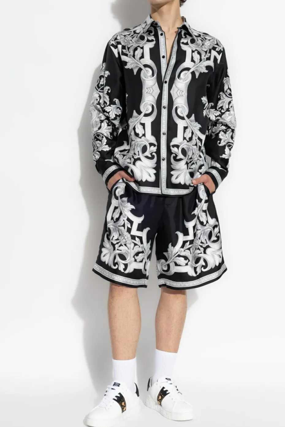 Versace BLACK Silk shorts with "Architectural Baroque" print