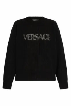 Versace BLACK Sweater with logo finished with shimmering crystals