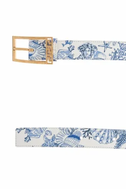 Versace BLUE Leather belt with 'Coral Theatre Allove' print