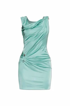 Versace GREEN Dress with decorative safety pin and draping