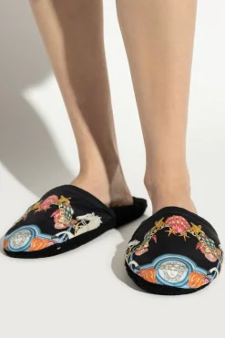 Versace Home BLACK Flip-flops with "Coral Theatre" print
