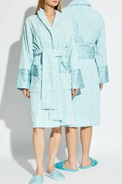 Versace Home light blue Cotton bathrobe with belt