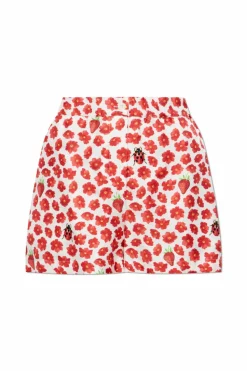 Versace RED Silk shorts with Strawberry Garden print