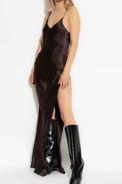 VETEMENTS BROWN Long satin dress with a slit
